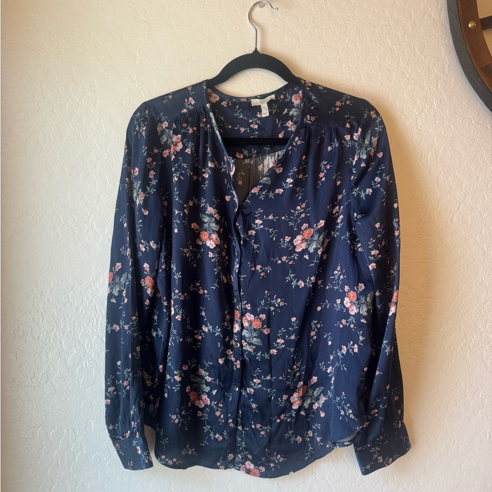 Joie Blue Long Sleeve Blouse with Mandarin Collar